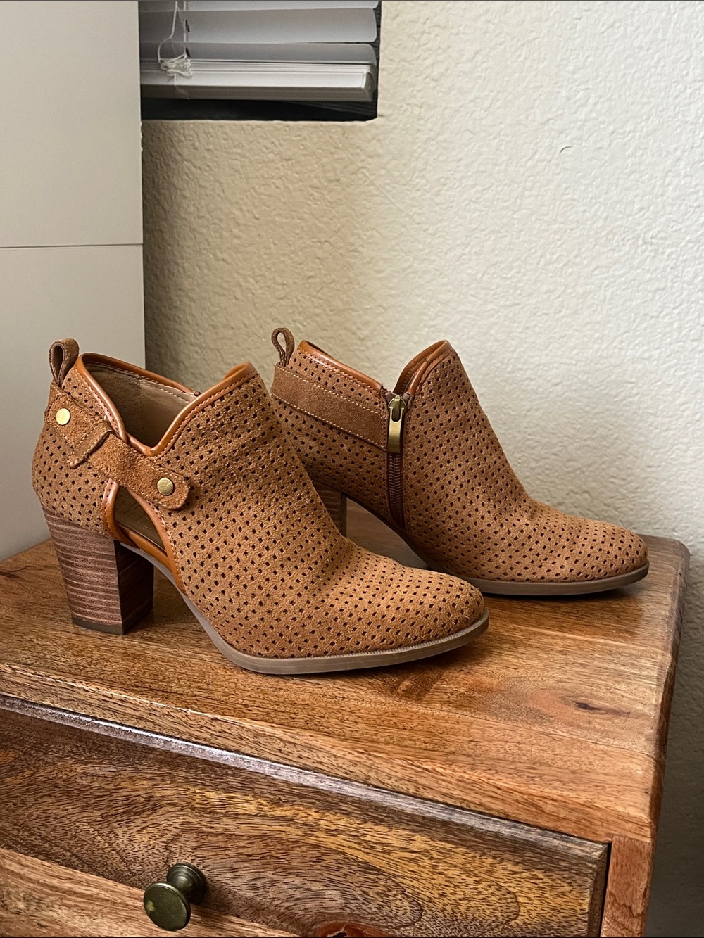 Franco Sarto Tan Perforated Suede Ankle Booties with Side Zip